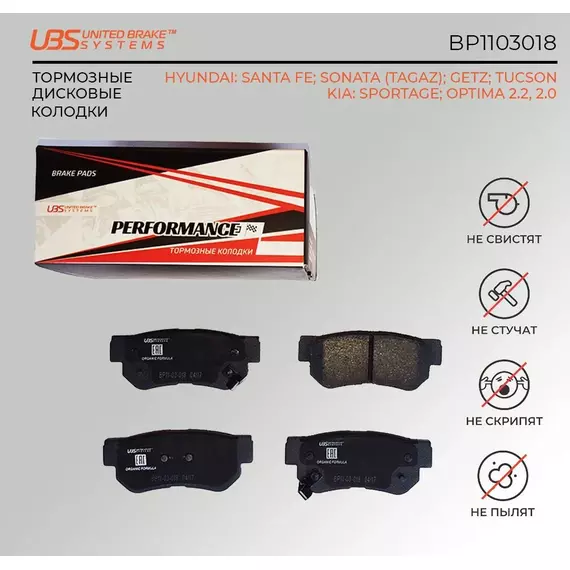 UBS BP1103018 Премиум тормозные колодки для HYUNDAI SANTA FE 01-06/SONATA (TAGAZ)/GETZ/TUCSON 06-10/KIA SPORTAGE 04-/06-/OPTIMA 2.2/2.0 10-/2.0 12-задние, в комплекте со смазкой (5г) компл. 4 шт.